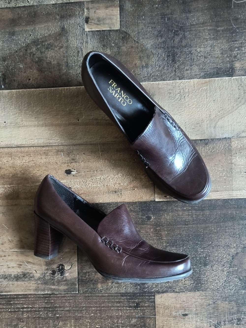 Franco Sarto Dark Brown Leather Block Heel Loafers Sz 6.5 Women